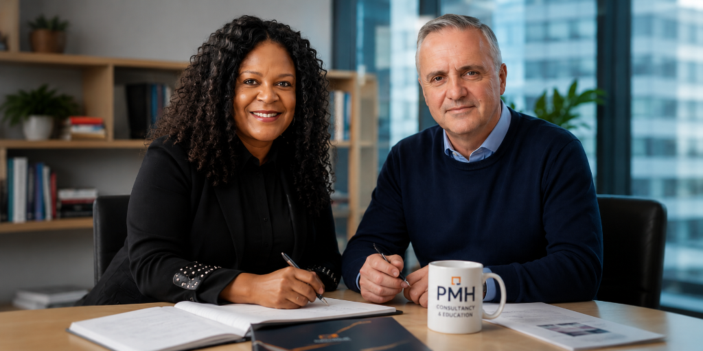 Pat and Mark Hobson, Directors of PMH Consultancy and Education, reviewing governance documents in a modern office