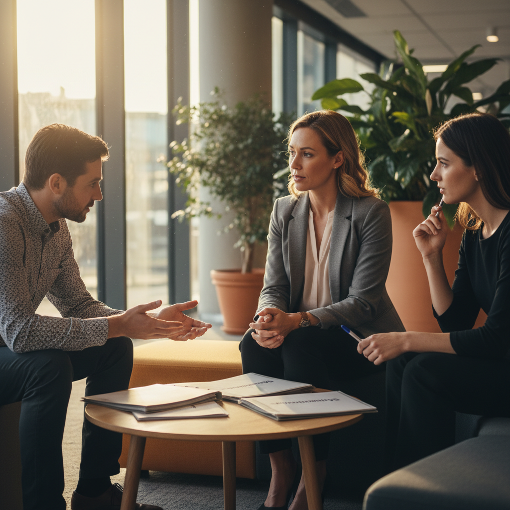 Senior safeguarding professional leading an informal practice discussion with colleagues in a modern office environment, reflecting embedded safeguarding culture