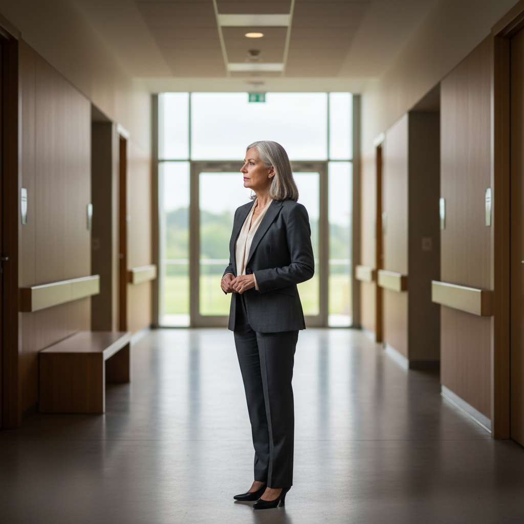 Senior healthcare leader standing reflectively in a modern care facility corridor with natural light, contemplating organisational responsibility