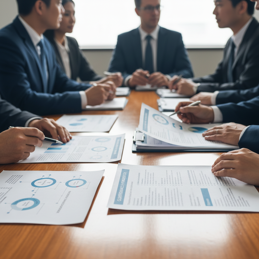 Professionals reviewing governance frameworks and structured documents during a consultancy meeting