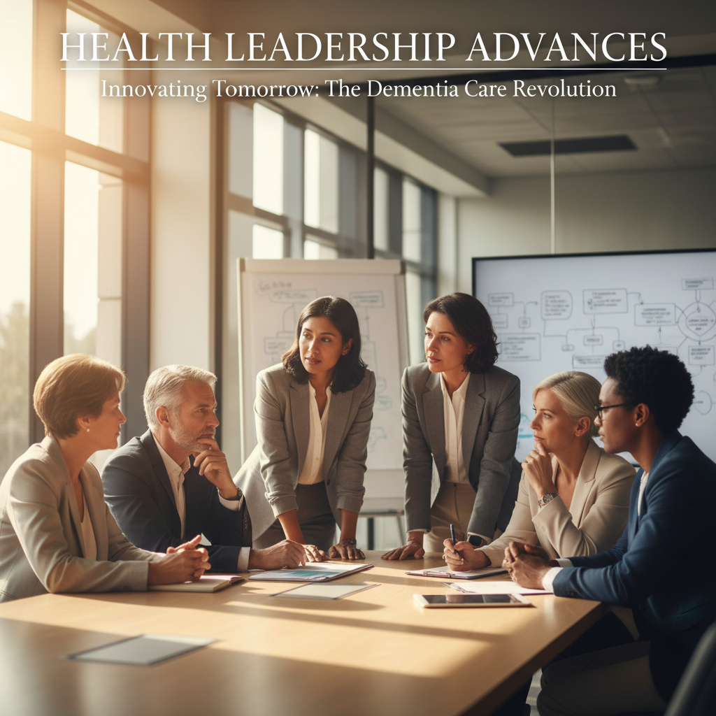 Senior healthcare leaders engaged in a thoughtful strategic discussion about the future of dementia care, in a contemporary boardroom with natural light