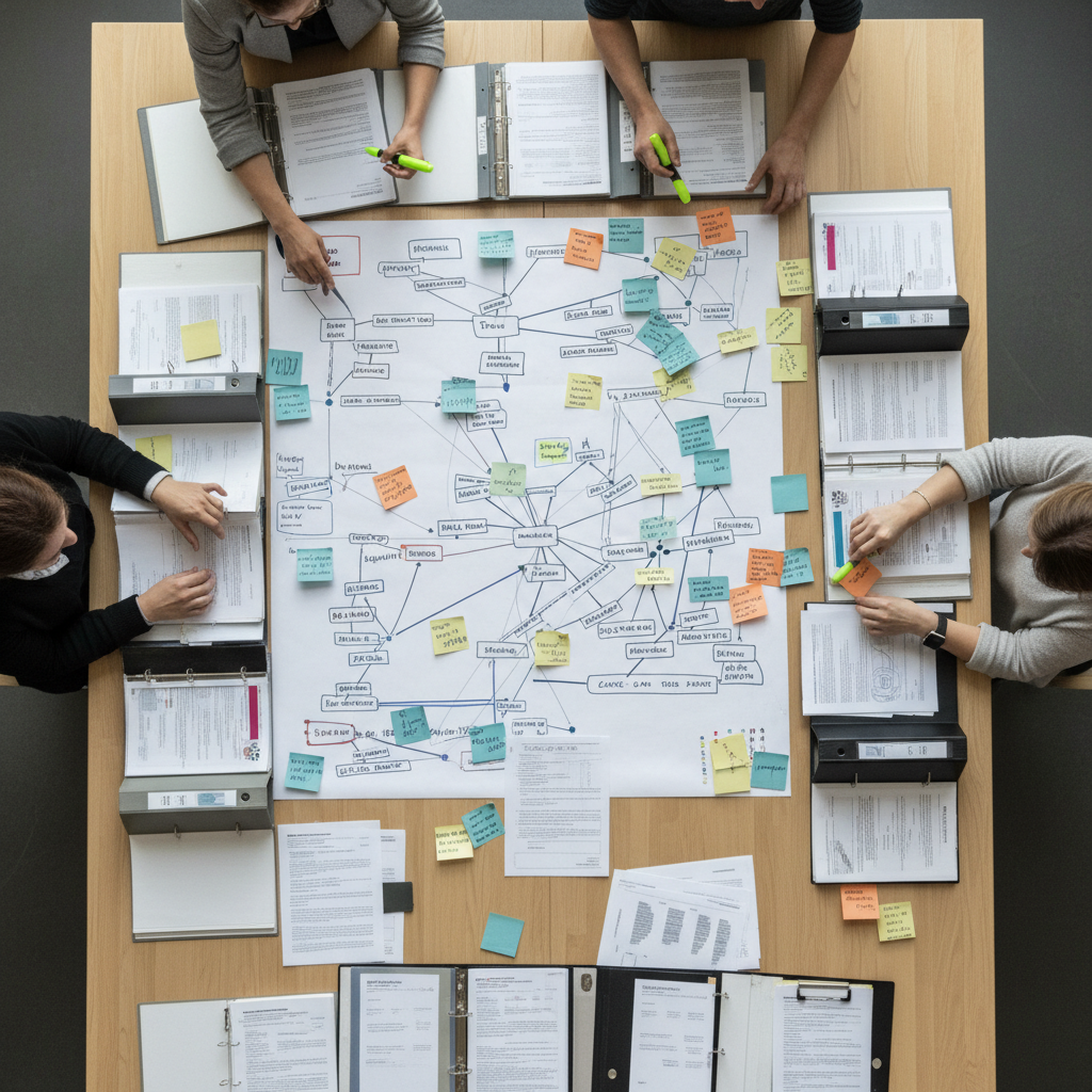 Bird's-eye view of a coordination table with case files, pathway diagrams and assessment documents showing structured multi-agency case management