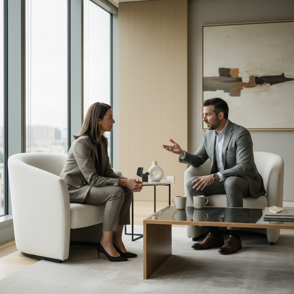 One-to-one executive coaching session - reflective professional discussion in a modern office setting