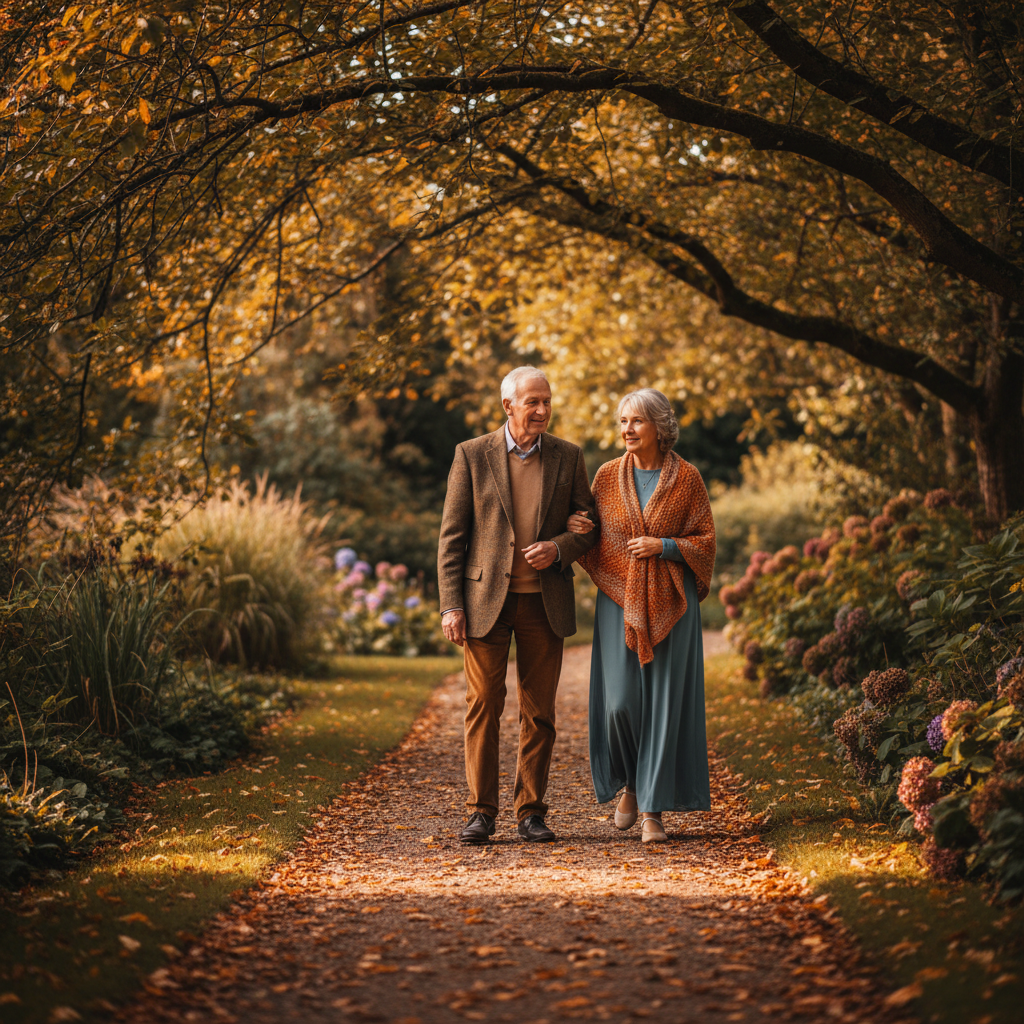 Elderly couple walking together along a garden path in autumn light, conveying partnership, support and the continuation of life after dementia diagnosis
