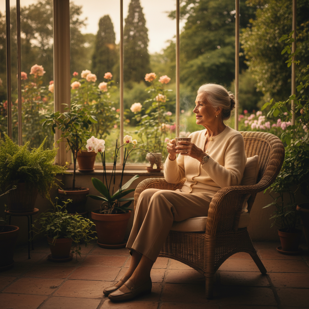 Elderly person sitting independently in a sunlit conservatory holding a cup of tea, conveying autonomy, dignity and self-determination
