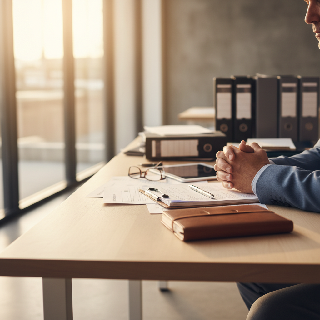 Senior safeguarding professional carefully reviewing case documentation at a modern office desk with natural light