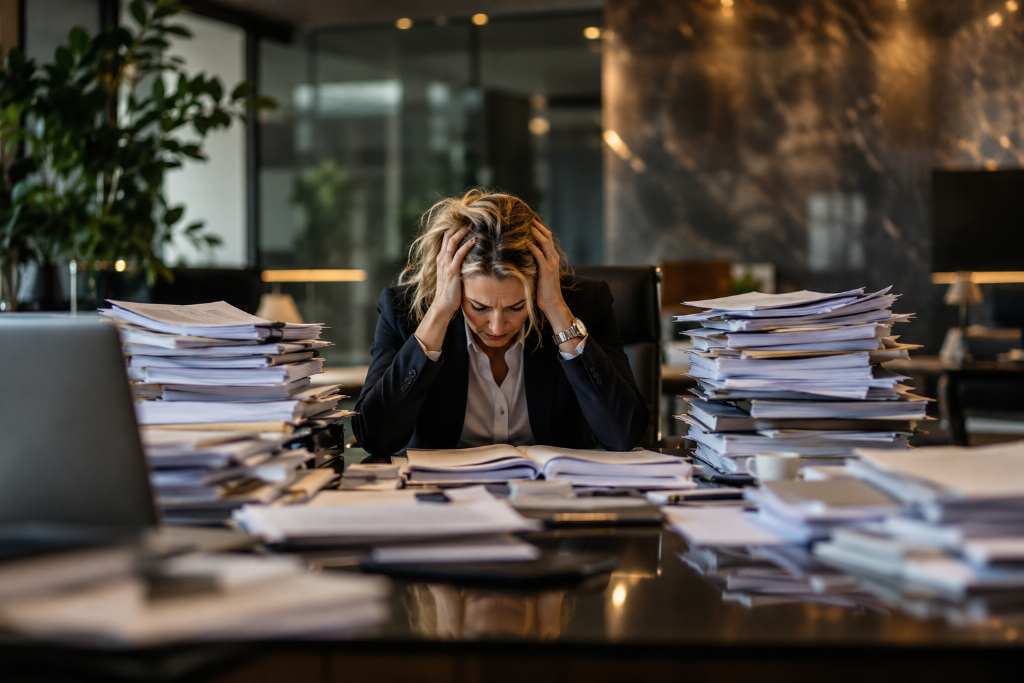 Professional overwhelmed by stacks of complex case documentation, illustrating the pressure organisations face without structured oversight