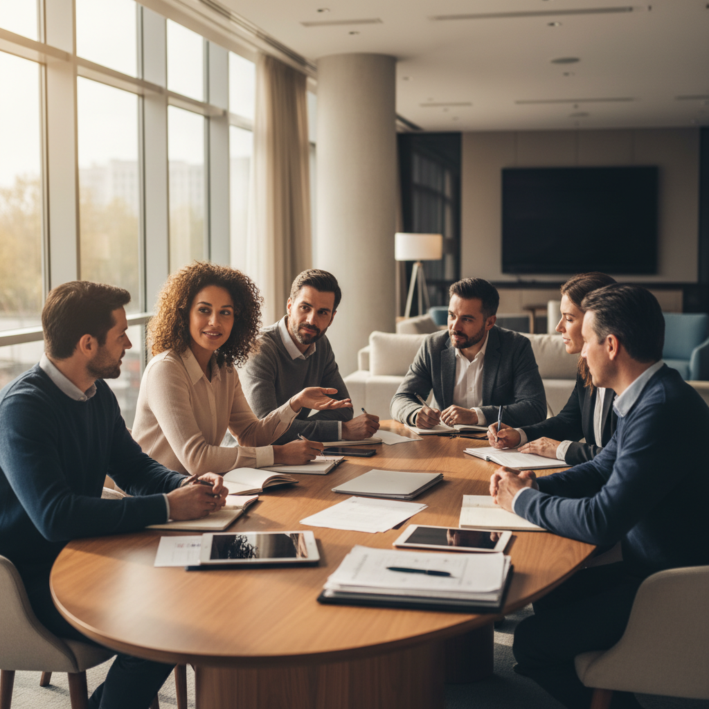 Healthcare professionals in collaborative discussion in a modern meeting room with natural light, conveying psychological safety and compassionate dialogue