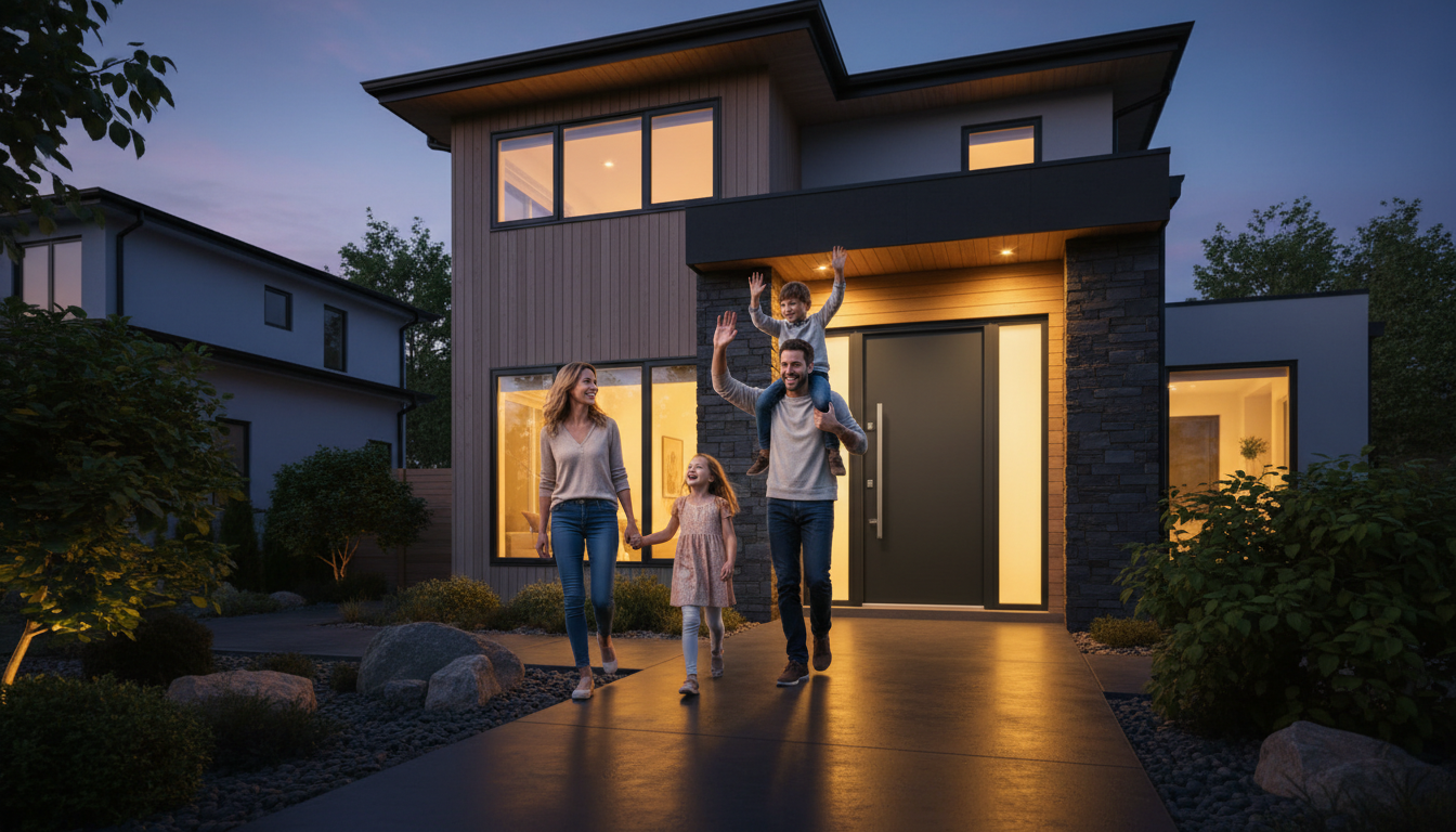 Family entering their secured home