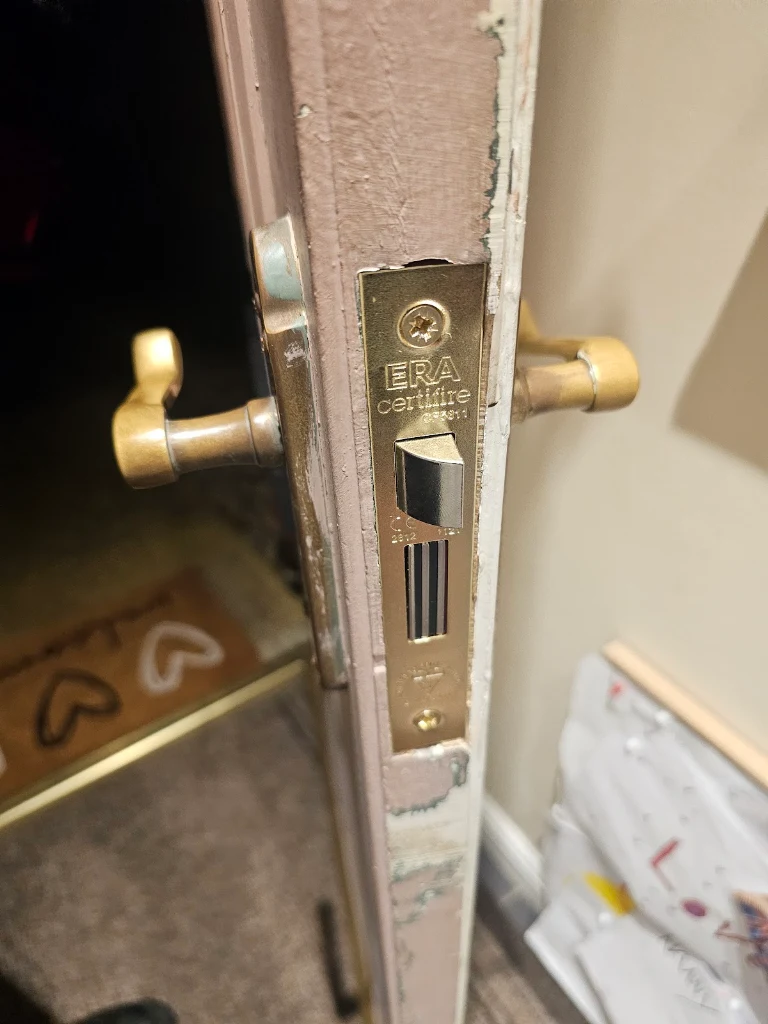 ERA Certifire mortice latch plate installed on the edge of a painted wooden door by SIDE Locksmiths