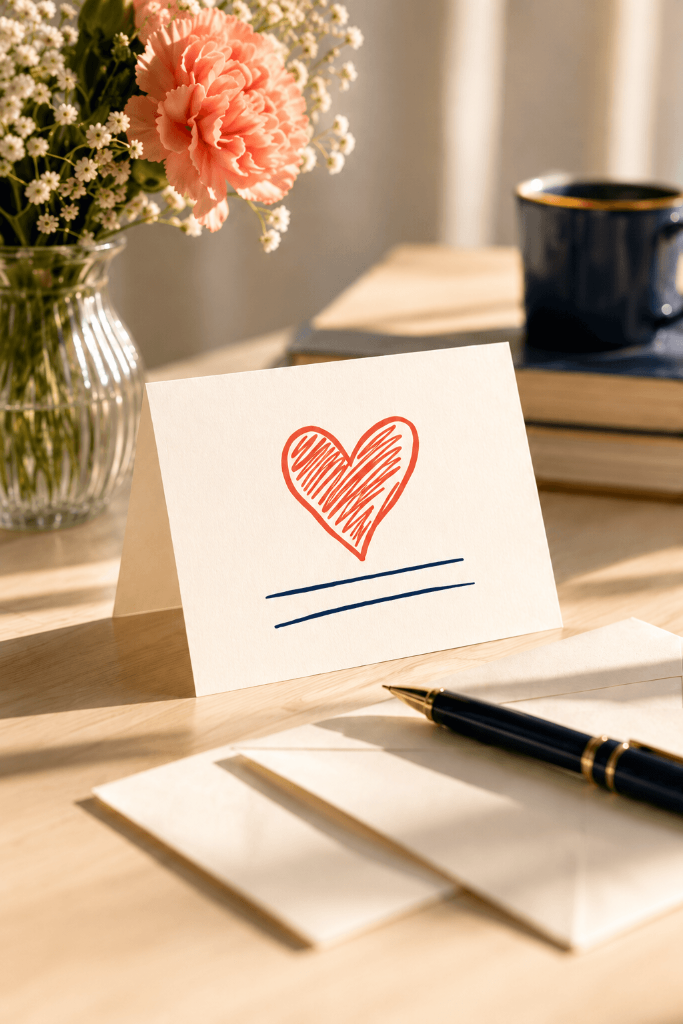 A handwritten card beside flowers and stationery