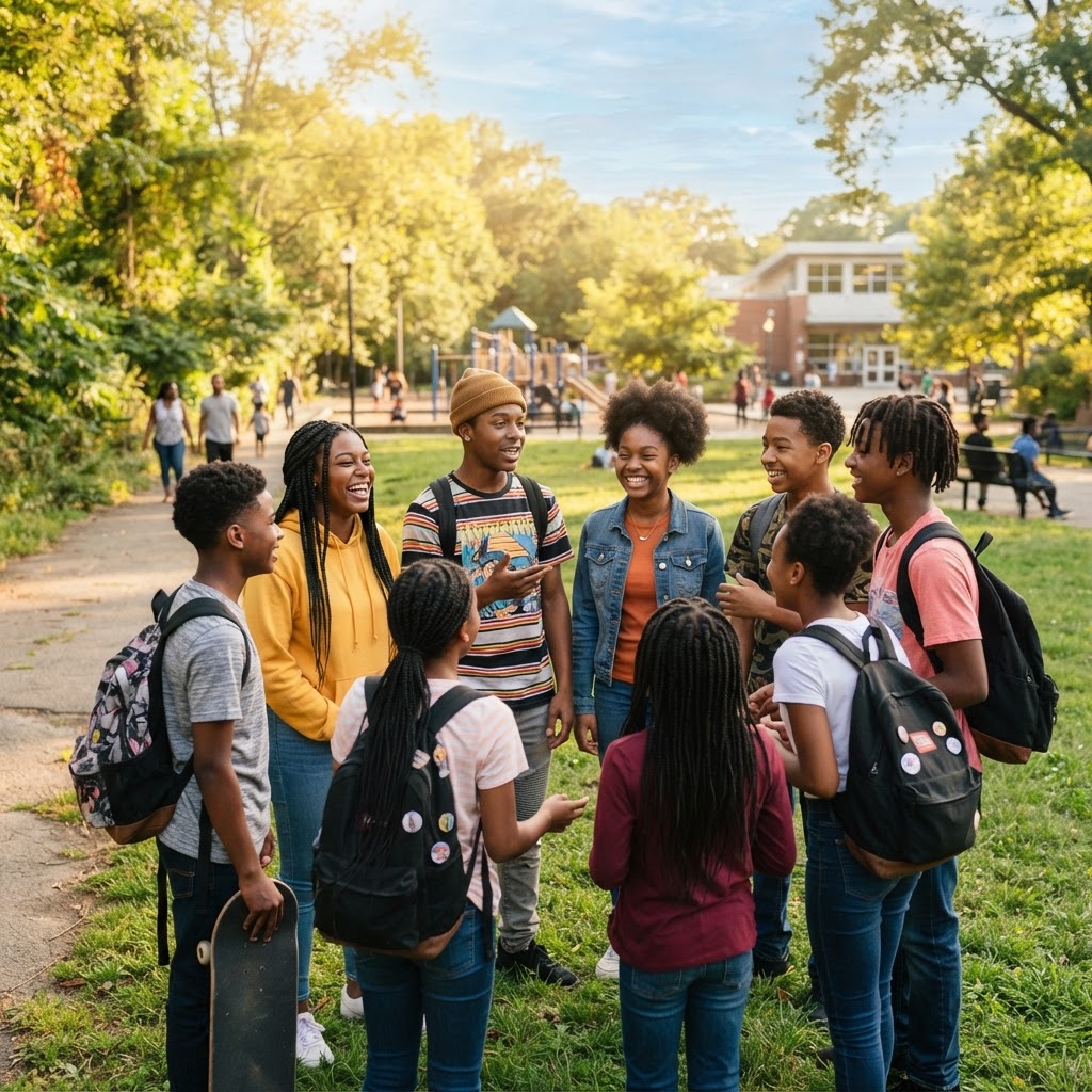 Diverse community gathering in a sun-drenched park