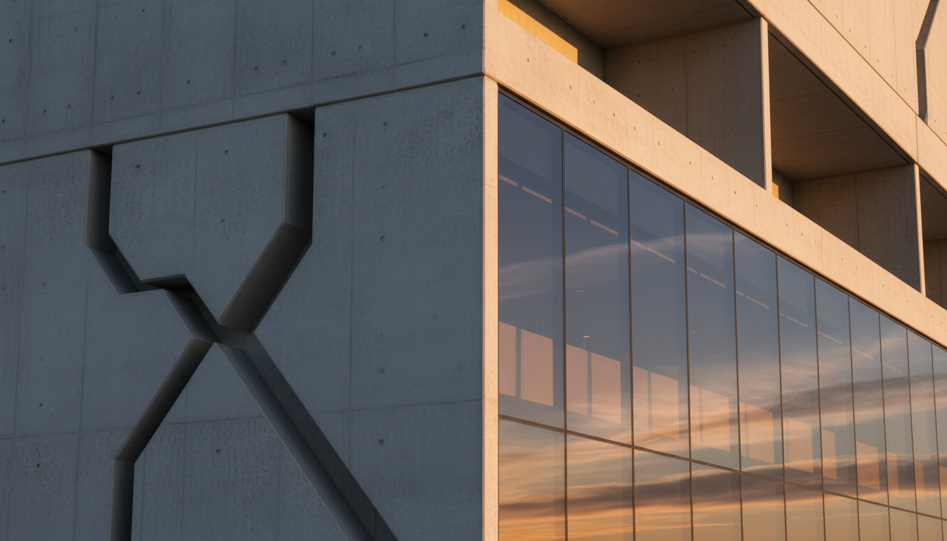 Brutalist concrete architecture with dramatic golden hour lighting