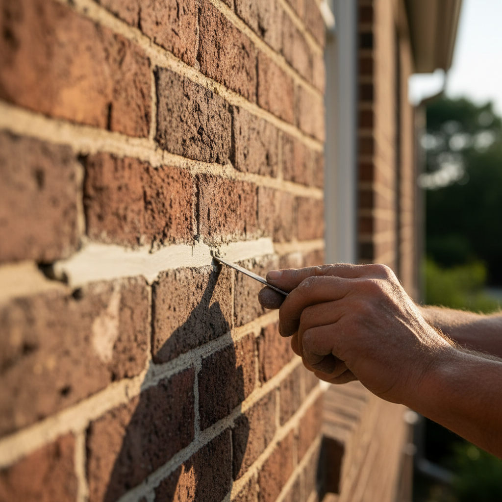 Mason's hands tuckpointing brick wall in St. Louis