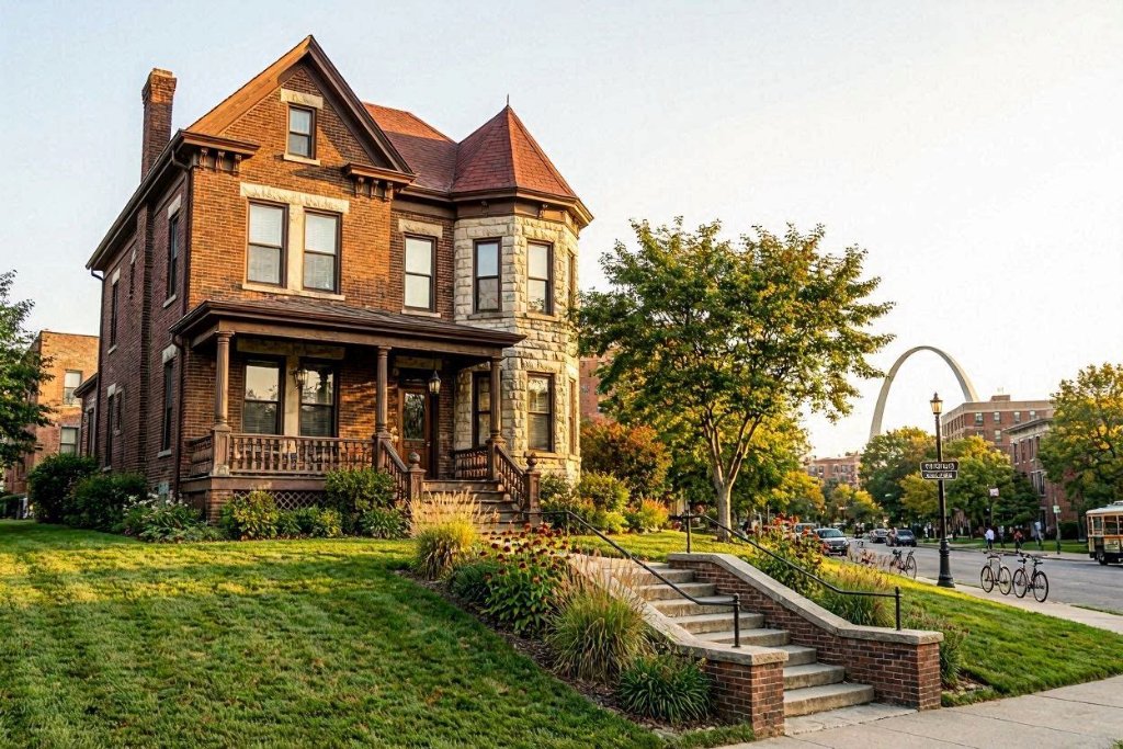 Historic red brick home with stone turret and covered porch on The Hill, St. Louis, Missouri with Gateway Arch in background