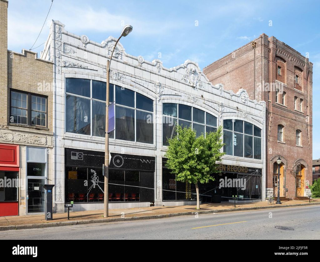 Historic commercial brick building with terra cotta facade detailing in South St. Louis, Missouri