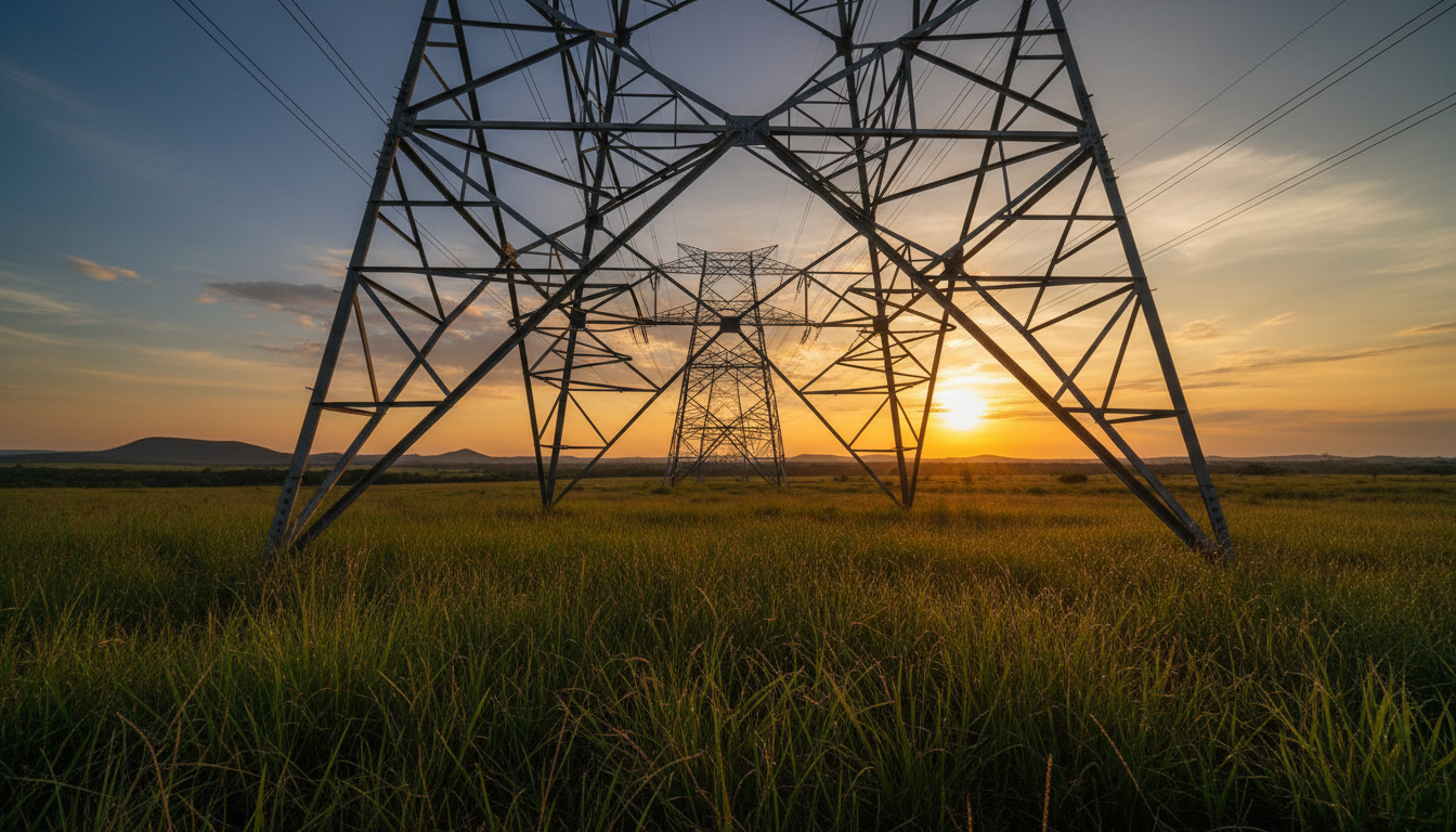 Torres de transmissão de energia em paisagem natural ao pôr do sol