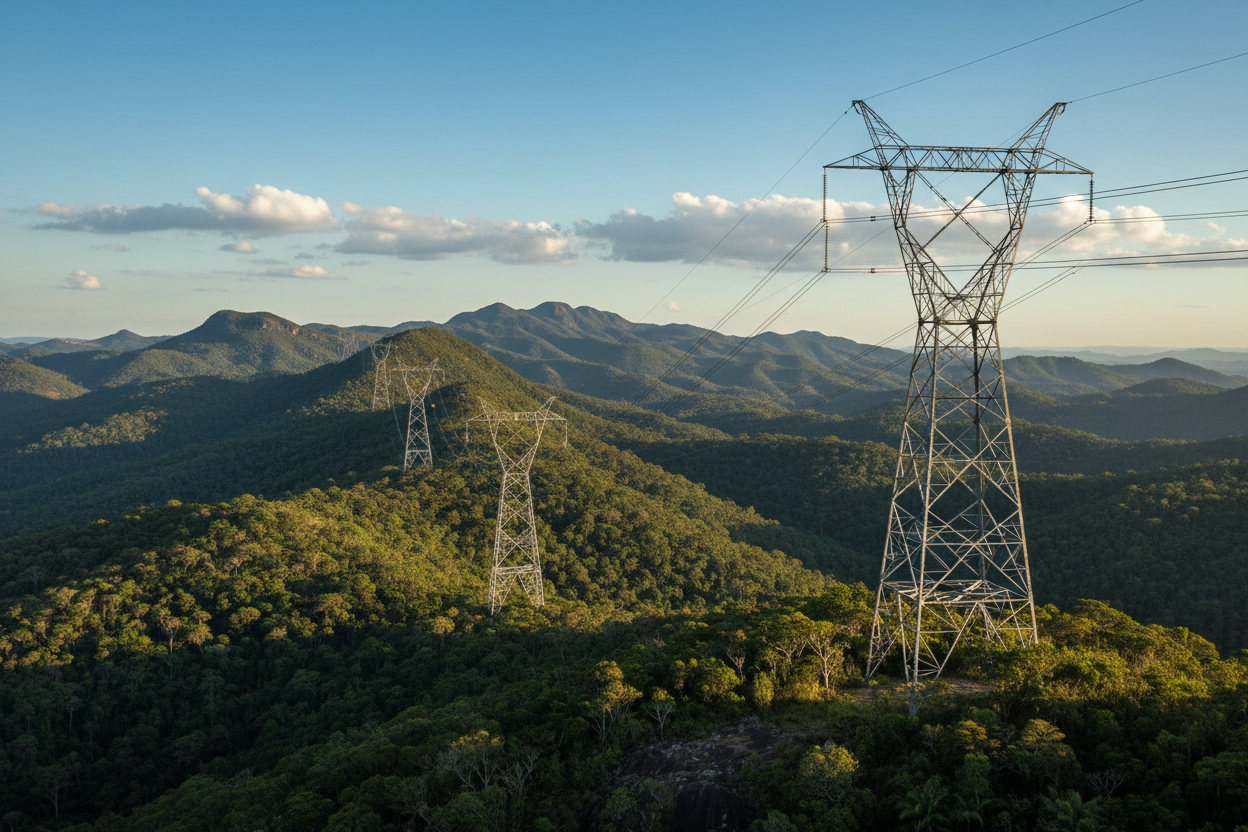 Torres de transmissão em paisagem montanhosa com vegetação nativa