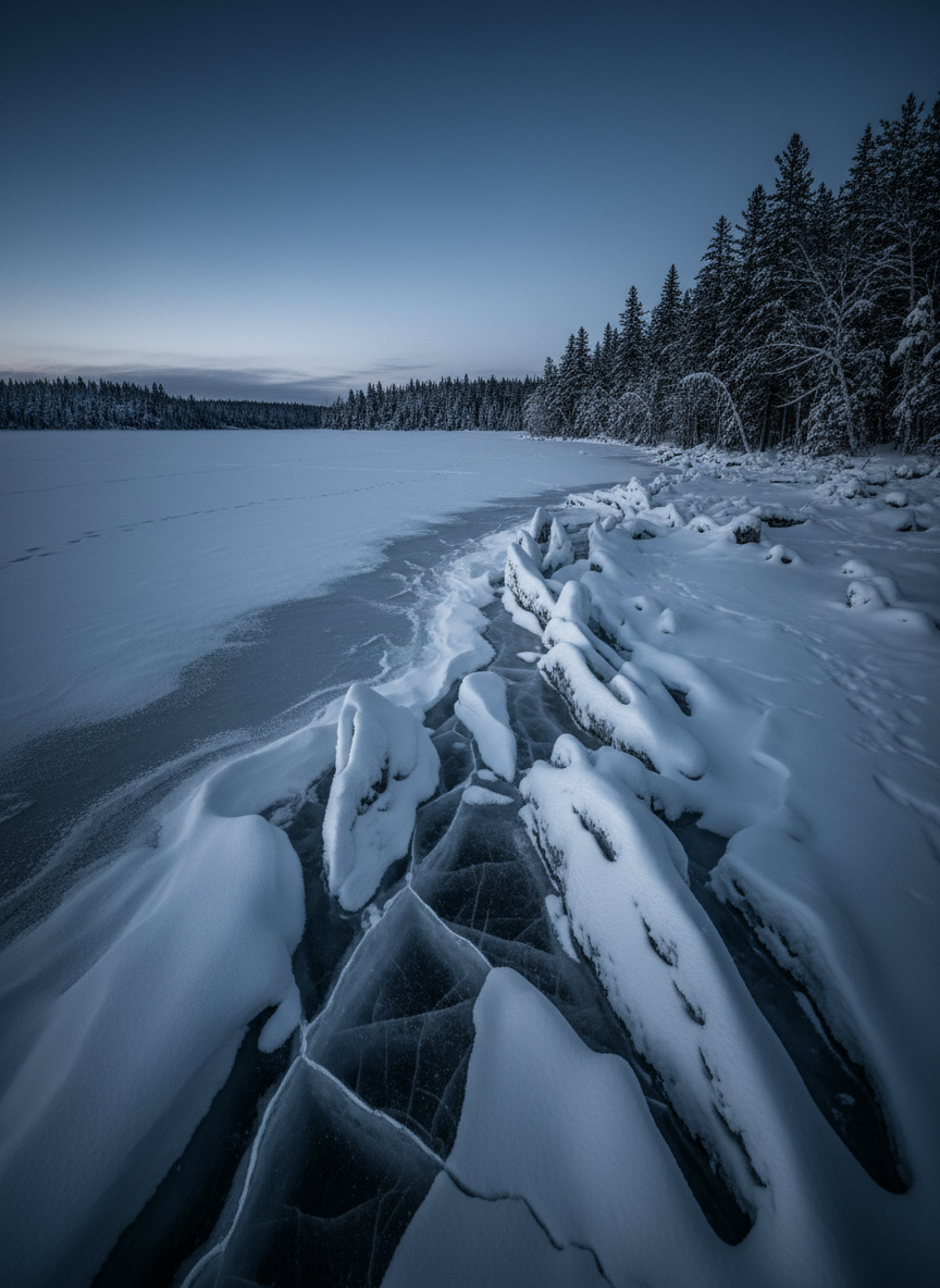 Frozen boreal lake with ice formations and snow-covered pines at twilight