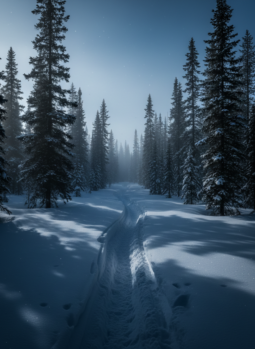 Snowmobile trail cutting through snowy boreal pine forest