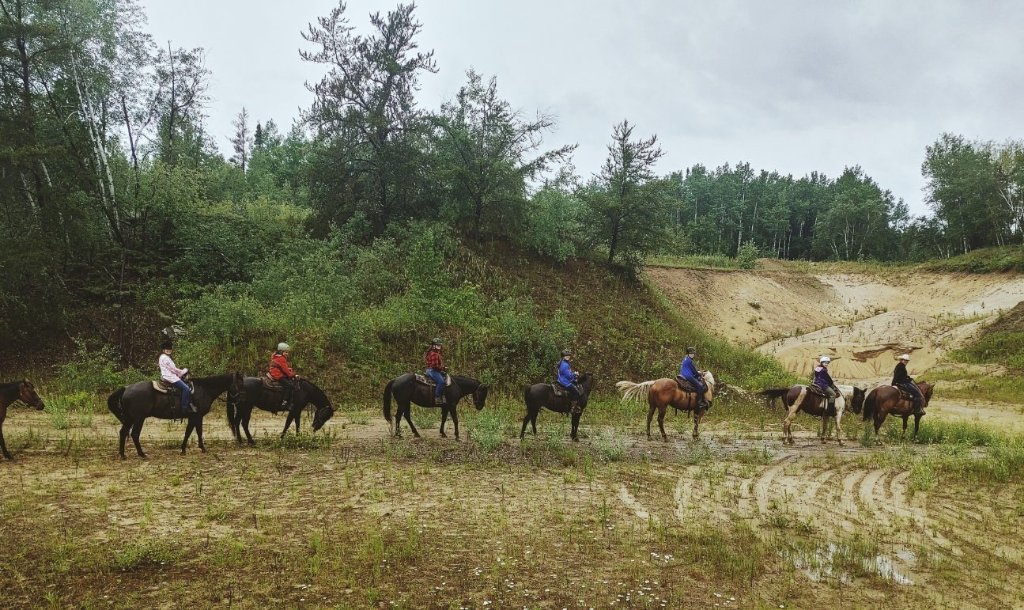 Riders on horseback along a wilderness trail through tall boreal pines