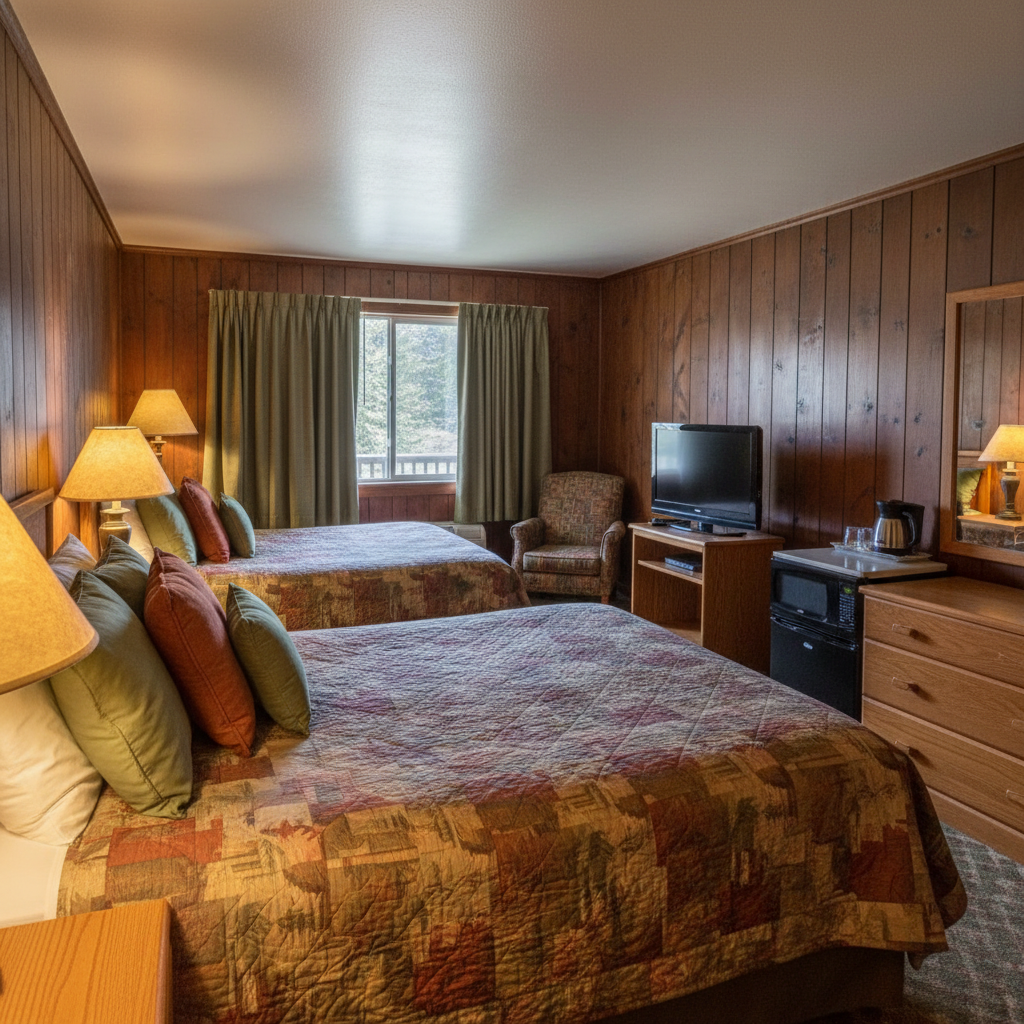 Standard room interior with two double beds and warm lighting