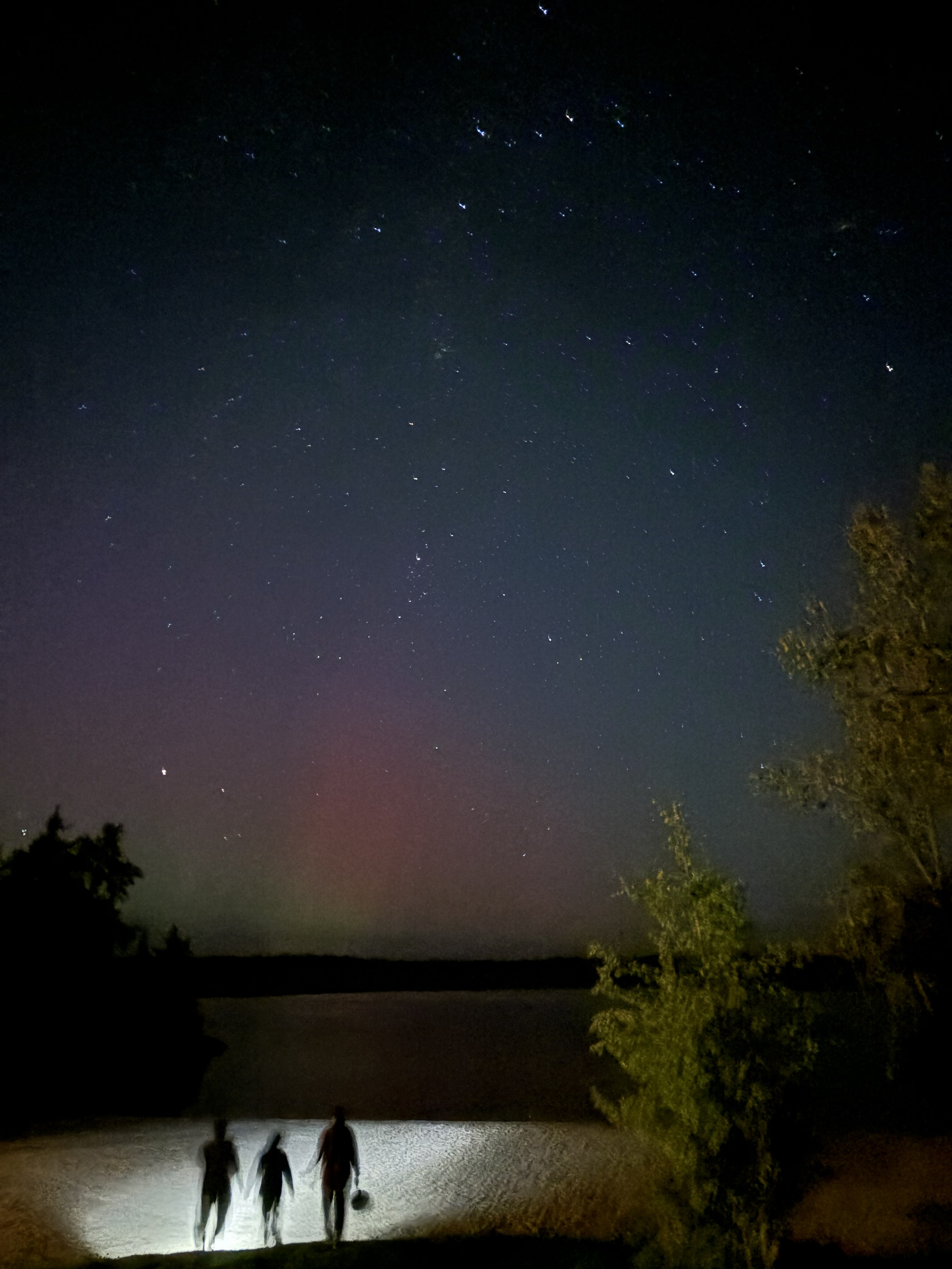 Starry night sky with aurora borealis glowing above a dark shoreline