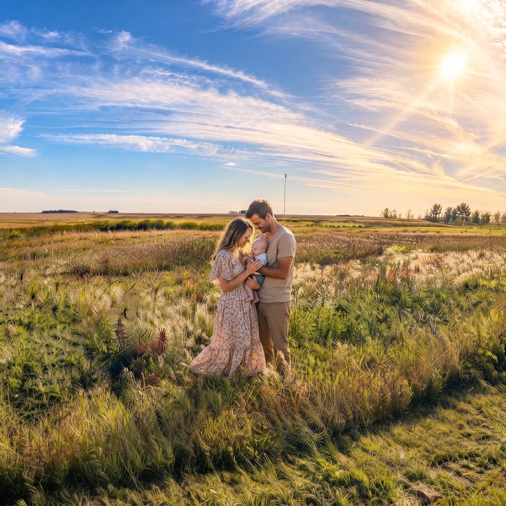 A couple holding their baby together in an open prairie field at golden hour