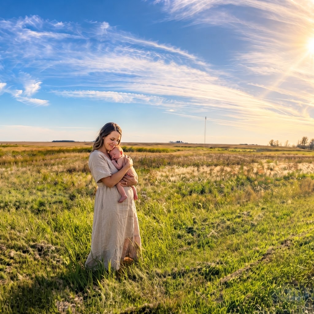 A mother holding her baby in an open prairie field at golden hour