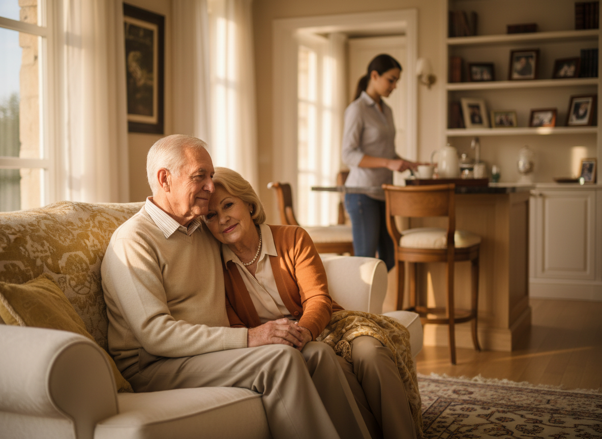 Elderly couple sitting comfortably at home with caregiver in background