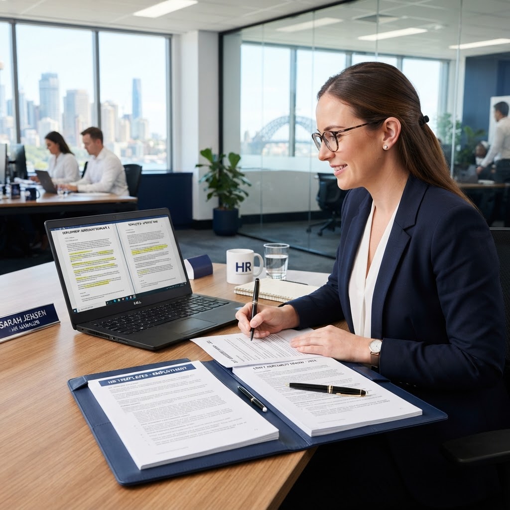 HR manager reviewing employment contract templates