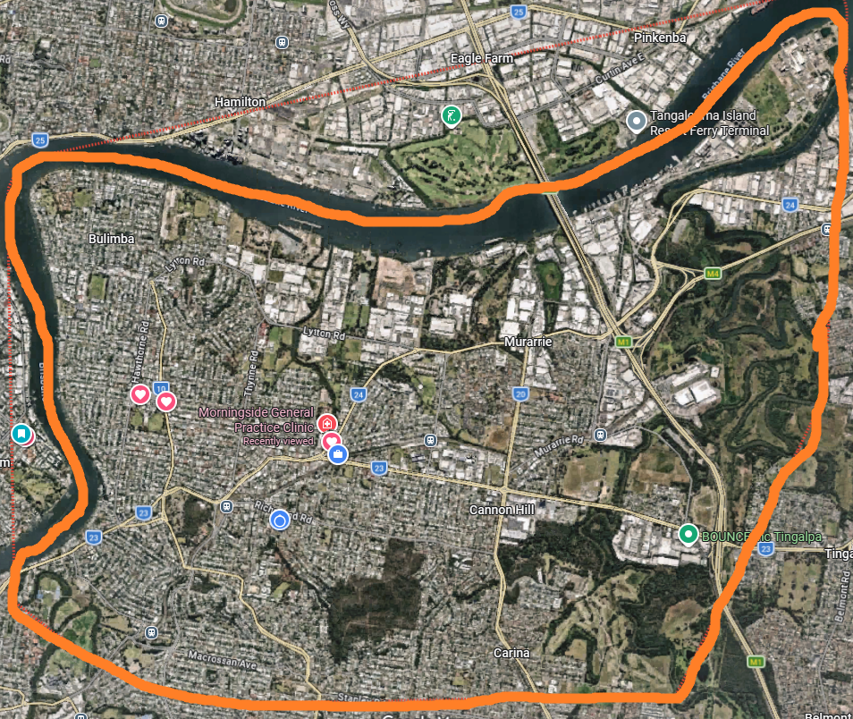 Ash's Reboot service radius map — orange boundary around Morningside, Bulimba, Murarrie, Cannon Hill and surrounding Brisbane suburbs