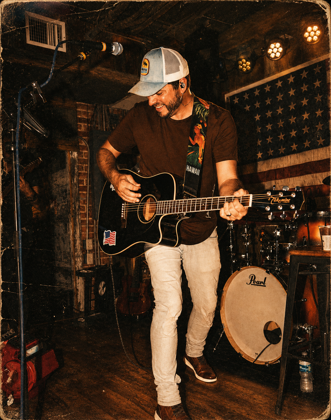 Frank Dancey — Beach Country singer-songwriter holding a guitar on a weathered pier at golden hour