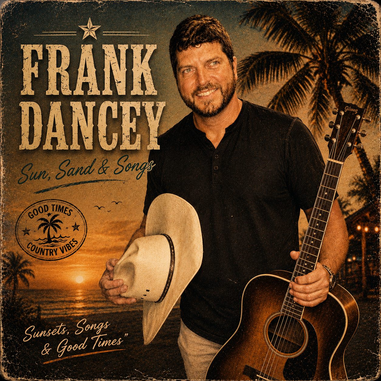 Frank Dancey press photo — country singer with guitar at golden hour