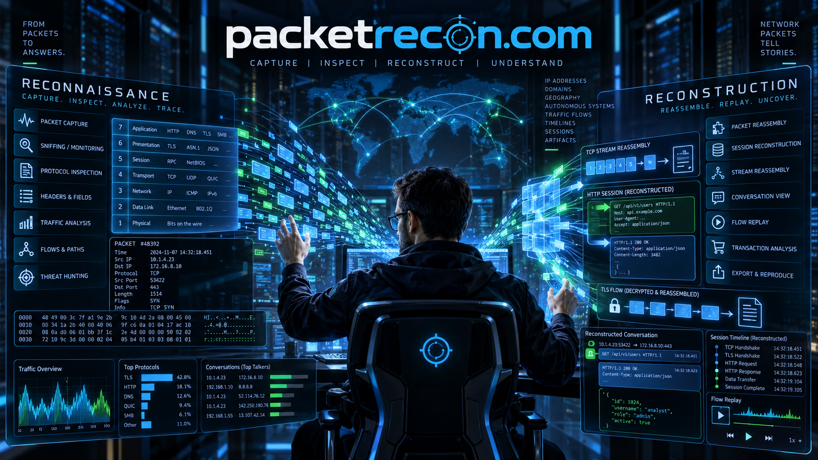 Packet Recon operator workspace — holographic dashboard for packet reconnaissance and reconstruction