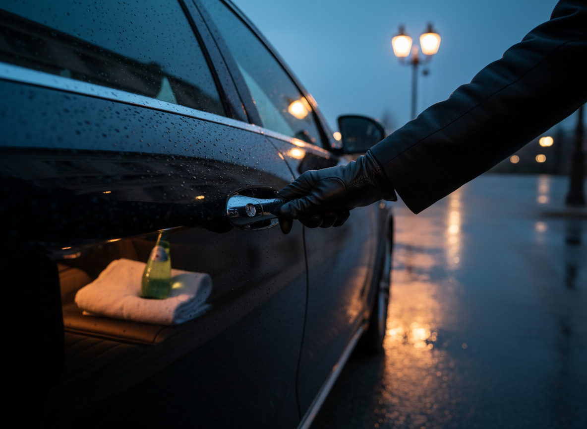 Chauffeur opening car door with amenities visible inside
