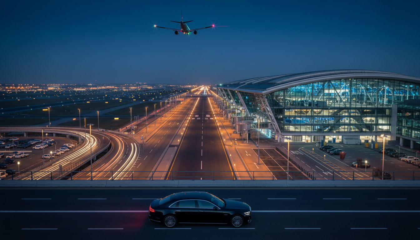 Aerial view of airport terminal with luxury sedan on approach road
