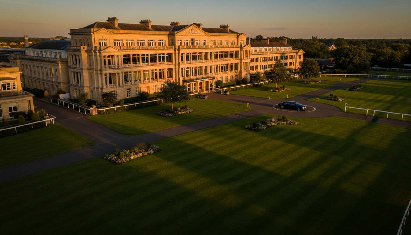 Royal Ascot Racecourse with luxury sedan at the entrance at golden hour