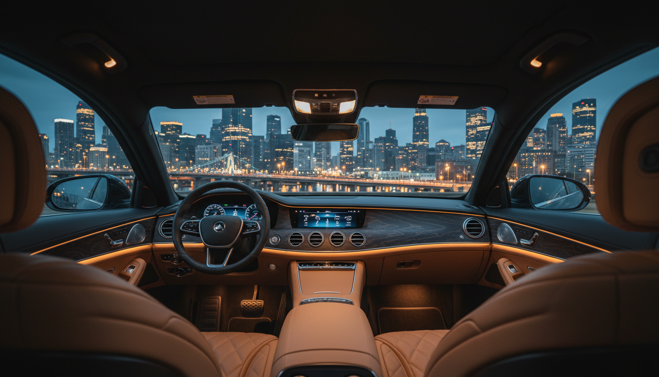 Luxury sedan interior view from backseat looking at city skyline