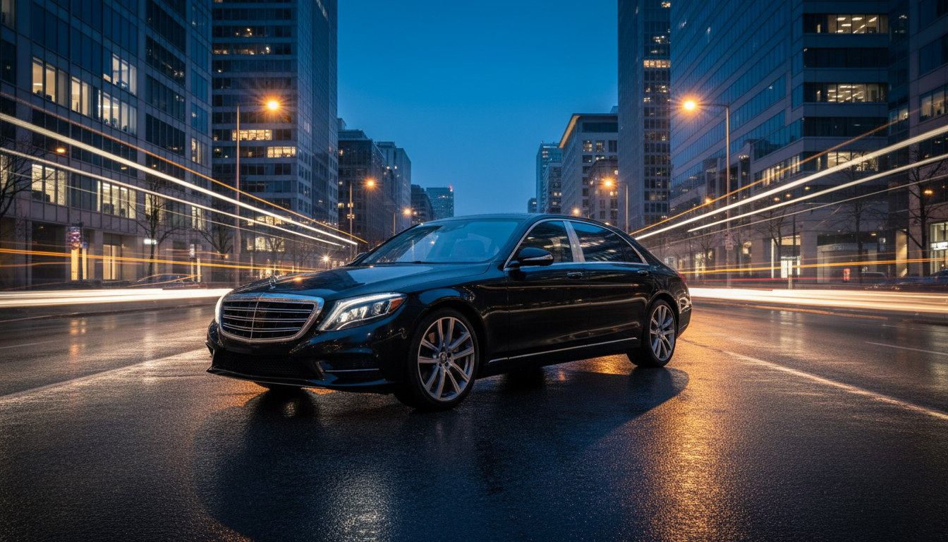 Luxury black sedan on rain-slicked city street at blue hour