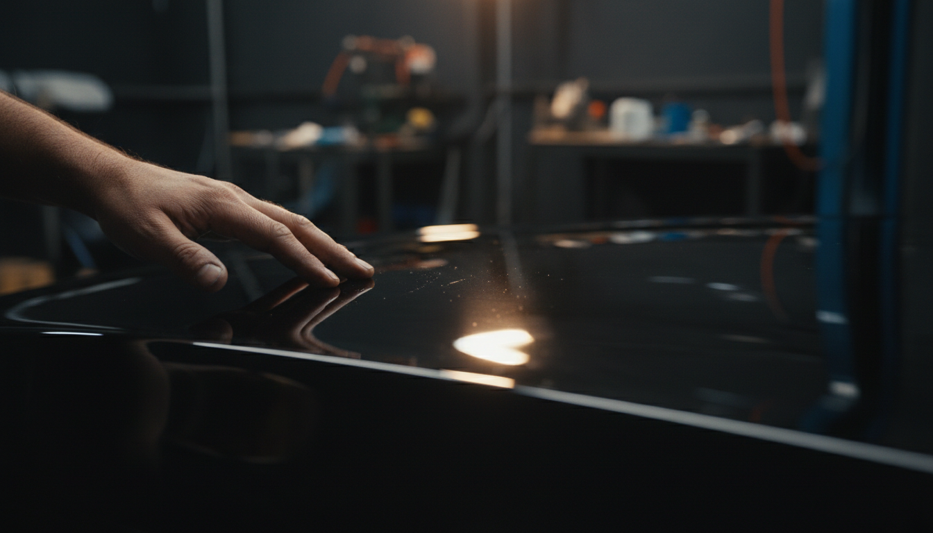 Master craftsman inspecting a flawless glossy black car finish