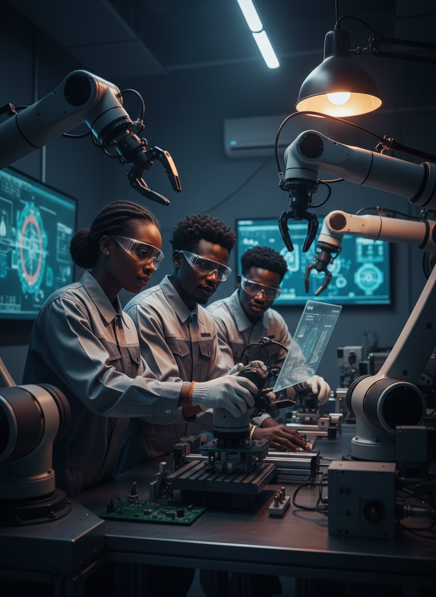 Youth professionals working with industrial robotics in a modern training laboratory