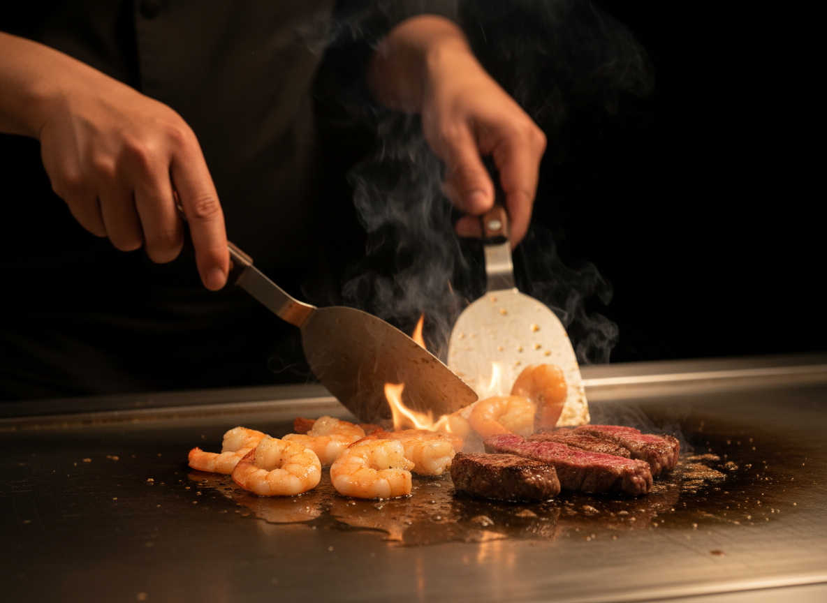 Sizzling shrimp and steak on a hot teppanyaki grill