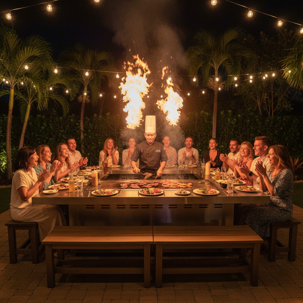 Festive backyard hibachi party at night with chef performing fire tricks and guests clapping