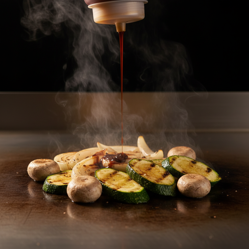 Grilled vegetables sizzling on a teppanyaki grill