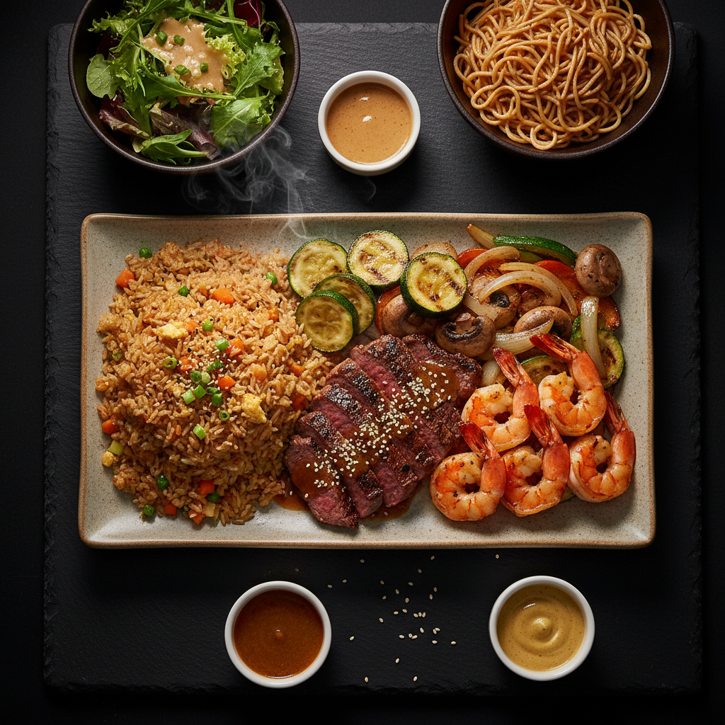 Complete hibachi dinner plate with steak, shrimp, rice and vegetables