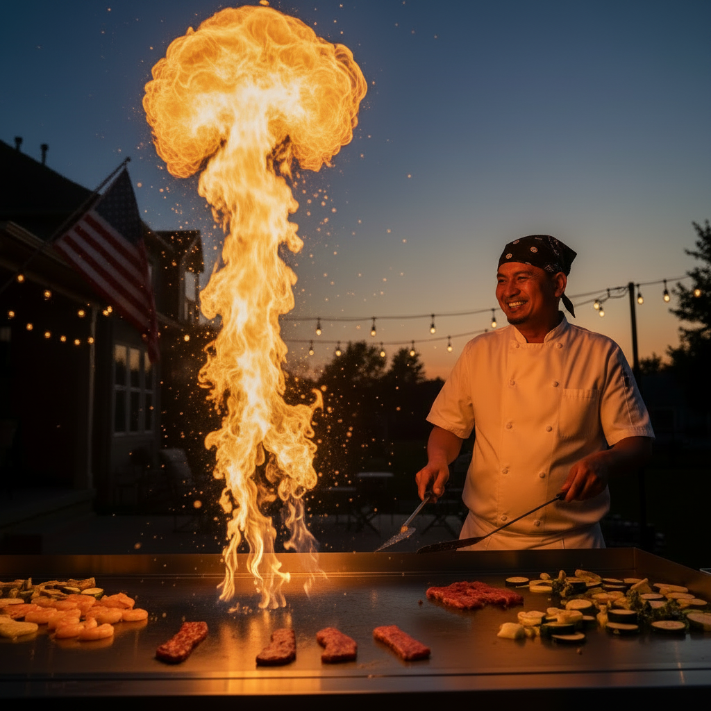 Hibachi chef performing fire tricks on a teppanyaki grill at a backyard party