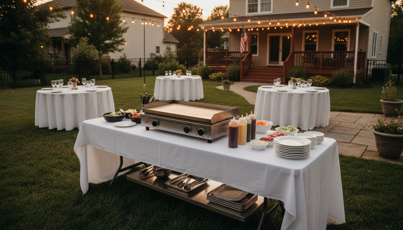 Professional hibachi catering setup in a suburban backyard
