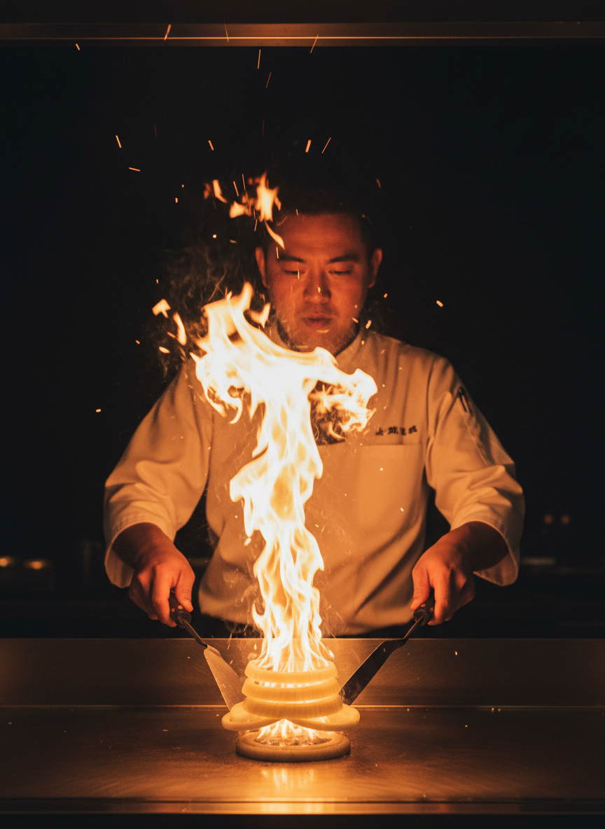 Chef performing an onion volcano fire trick on a hibachi grill
