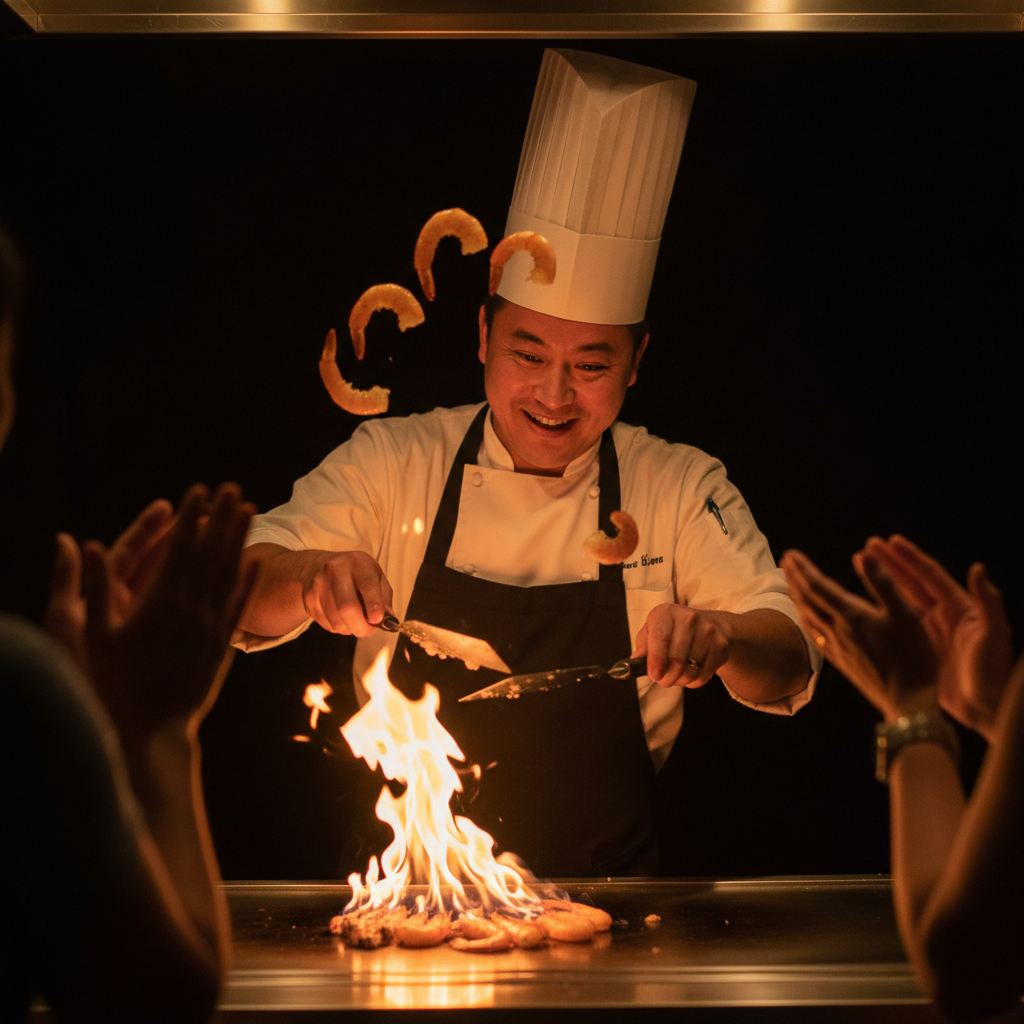 Chef performing tricks while guests clap at a hibachi party